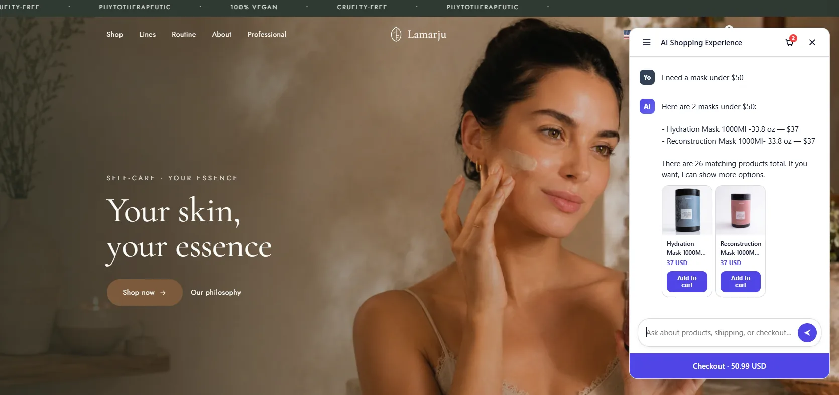AI assistant answering an intent-based search on the Lamarju store
