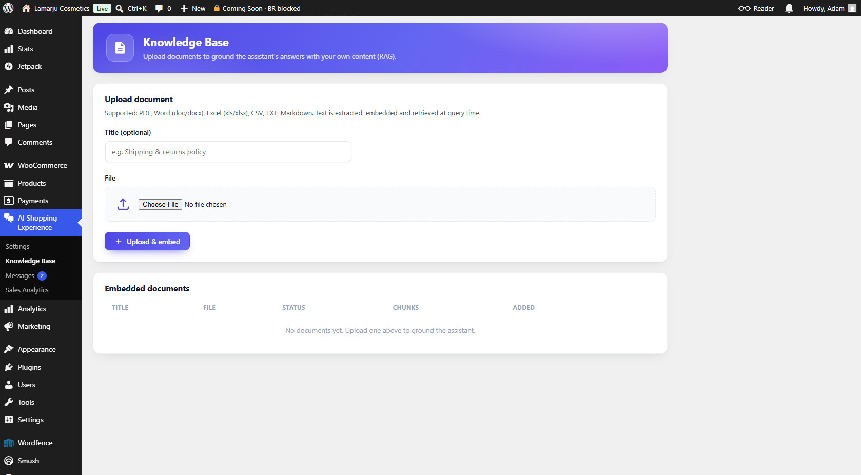 Knowledge base panel with document upload